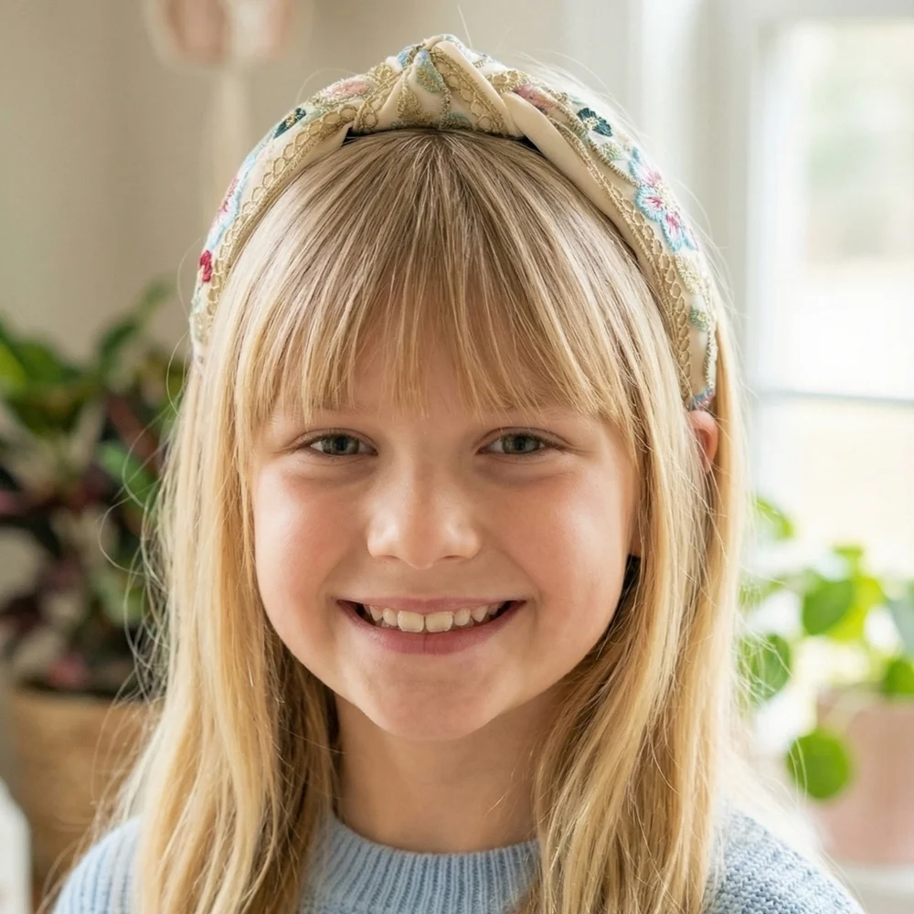 Embroidered Floral Headband - Cream with Pink Blue Flowers Gold Accents